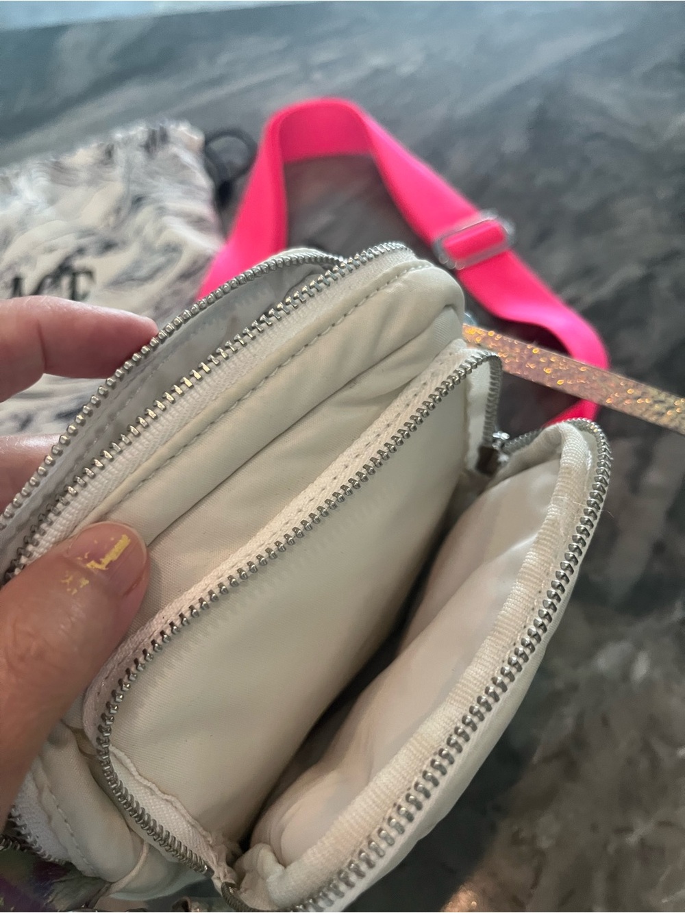 MZ Wallace Mini Bowery Crossbody bag. Pearl w/silver, hot pink strap - Picture 4 of 6